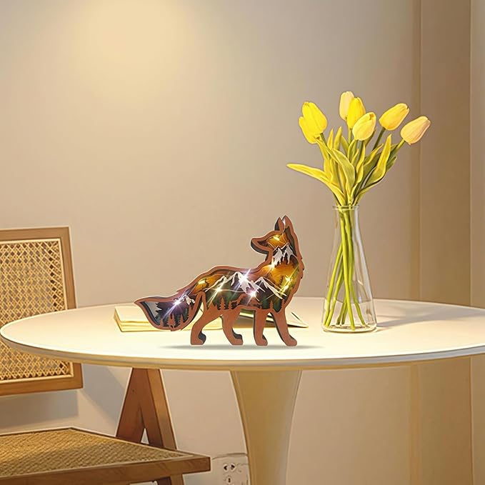 Drawelry 3D Wood Carving Animals Lamp Home Decorative, Cute Bear Family Elephant Presents Ideas Christmas Living Room Office Decor Warm LED Night Lights Gift for Friend Daughter Son Mom Dad (Fox) - Bloomnest