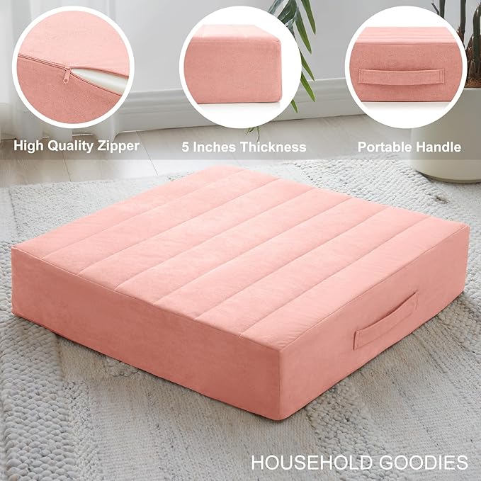 2 Pcs High Density Foam Floor Pillow - Upgraded Large Pillows Seating for Adults - Outdoor Floor Cushion with Soft Tufted Cover - Yoga Pillows for Sitting On Floor - 22 Inch Pink - Bloomnest