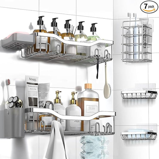 Shower Caddy Adhesive Shower Organizer 7-Pack, Rustproof Stainless Steel Bathroom Shelves, Large Capacity No-Drill Rack Storage Accessories with Soap Dish Toothbrush Holder Hooks - Bloomnest