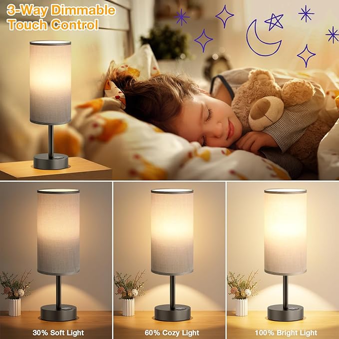 Small Touch Bedside Lamp with USB - 3 Way Dimmable Grey Table Lamp for Bedroom, Nightstand Lamp with Charging Station for Desk Dorm, Office - Bloomnest