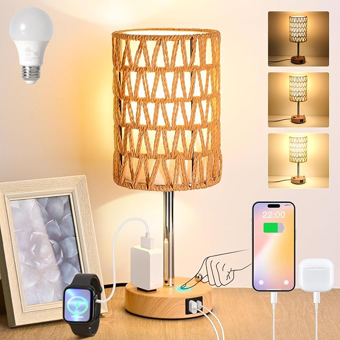 Rattan Table Lamps for Living Room, 3 Way Dimmable Touch Lamps, Small Bedside Lamps with LED Bulbs, Phone Stand, USB Ports and AC Outlet, Boho Nightstand Lamp for Bedroom Office (1 Pack Faux Wood) - Bloomnest