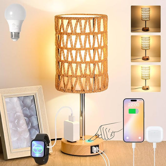 Rattan Table Lamps for Living Room, 3 Way Dimmable Touch Lamps, Small Bedside Lamps with LED Bulbs, Phone Stand, USB Ports and AC Outlet, Boho Nightstand Lamp for Bedroom Office (1 Pack Faux Wood) - Bloomnest