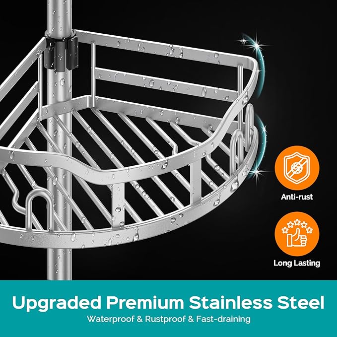 HAMITOR Corner Shower Caddy Tension Pole: Rustproof 4-Tier Bathroom Organizer Shelves for Bathtub Shampoo Storage - 47-121 Inch Quick Install Adjustable Rod Standing Rack with Soap Rack - Silver Gray | Rustproof, Quick Install, Adjustable Rod, Soap Rack - Bloomnest