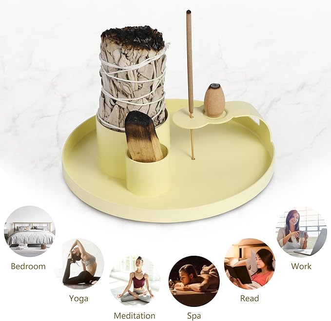 Multifunction Incense Holder, Sage Burner Holder, Palo Santo Holder Burner, 5.47" Ash Catch Tray, Smudge Stick Holder with Handle for Incense Sticks Incense Cone Candle, Yoga Meditation and Room Decor HOCUROAY