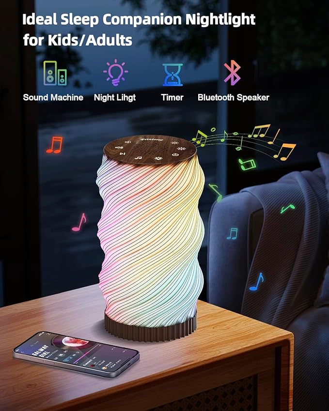 Touch Small Lamp for Bedroom, White Noise Sleep Sound Machine with Mood Night Lighting, Modern Bedside Table Lamp with Bluetooth Speaker, 20 Brightness & 30 Volume, Night Lights for Adults/Kids - Bloomnest