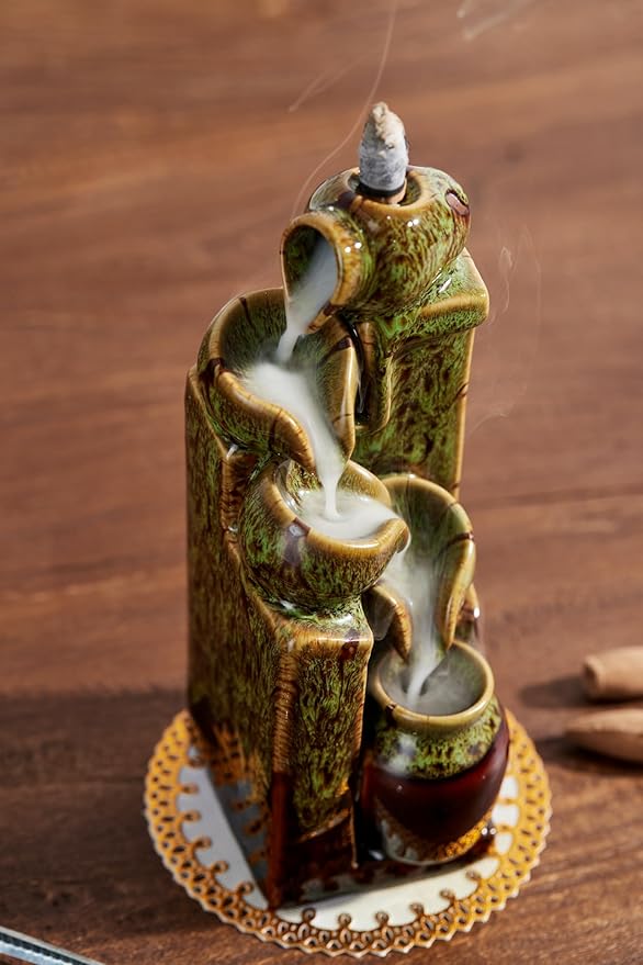 Unique Cascading Basins Ceramic Waterfall Incense Holder, Paired with a Pack of Backflow Incense Cones. (Fambe Green) - Bloomnest