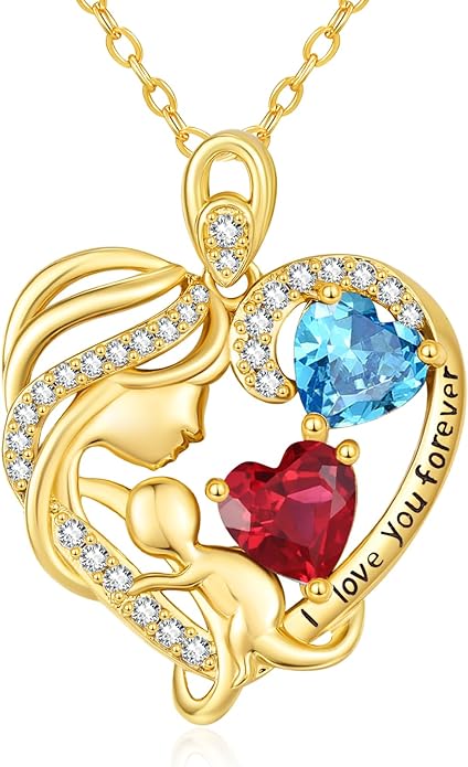 14K Gold Double Birthstone Heart Necklace for Women Mom, Mother Son/Daughter Pendant Necklace for Christmas Mother's Day Birthday Gifts for Wife Daughter Grandmom - Bloomnest