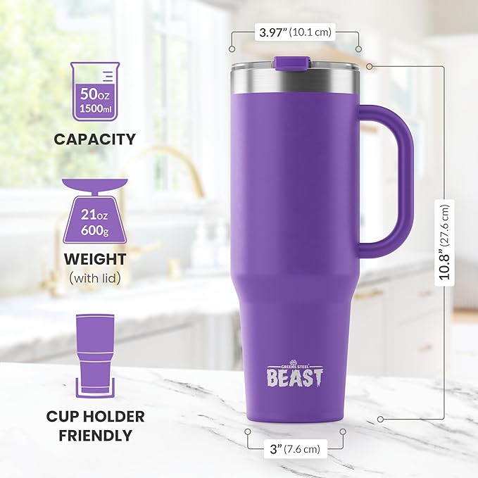 Beast 50 oz Tumbler Stainless Steel Vacuum Insulated Coffee Ice Cup Double Wall Travel Flask (Deep Purple) - Bloomnest