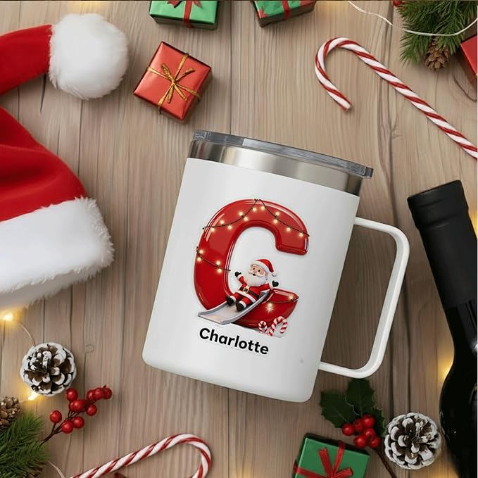 Personalized Christmas Insulated Coffee Mug with Handle – Custom Initial Letter [C] Double Wall Stainless Steel Travel Tumbler for Hot & Cold Drinks – Holiday Gift for Men,Women,&Kids(B113) - Bloomnest