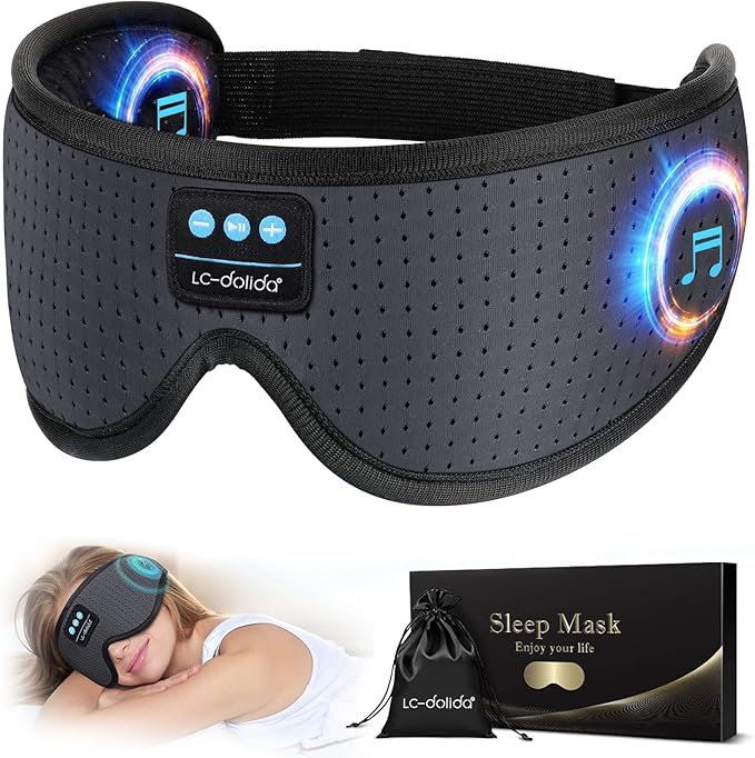 LC-dolida Sleep Headphones, White Noise Bluetooth Sleep Mask 3D Breathable Wireless Eye Mask for Timing, Sleep Mask with Bluetooth Headphones for Side Sleepers Travel,Cool Gadgets for Women Men(Grey) - Bloomnest