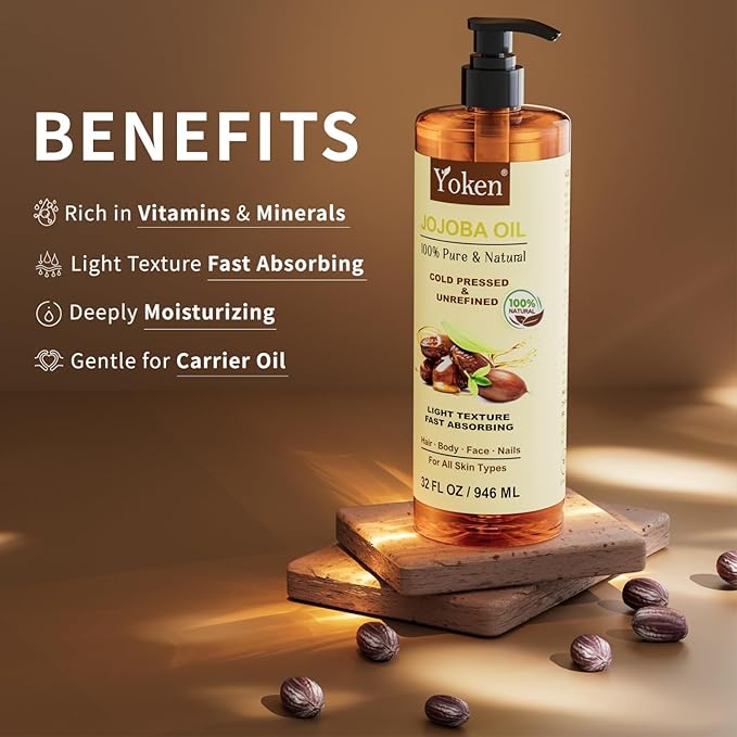 32 fl oz (EWG Verified) 100% Pure Jojoba Carrier Oil - Unrefined, Hexane-Free, Cold Pressed for Skin, Face, Hair, Nails, and Massage - Bloomnest