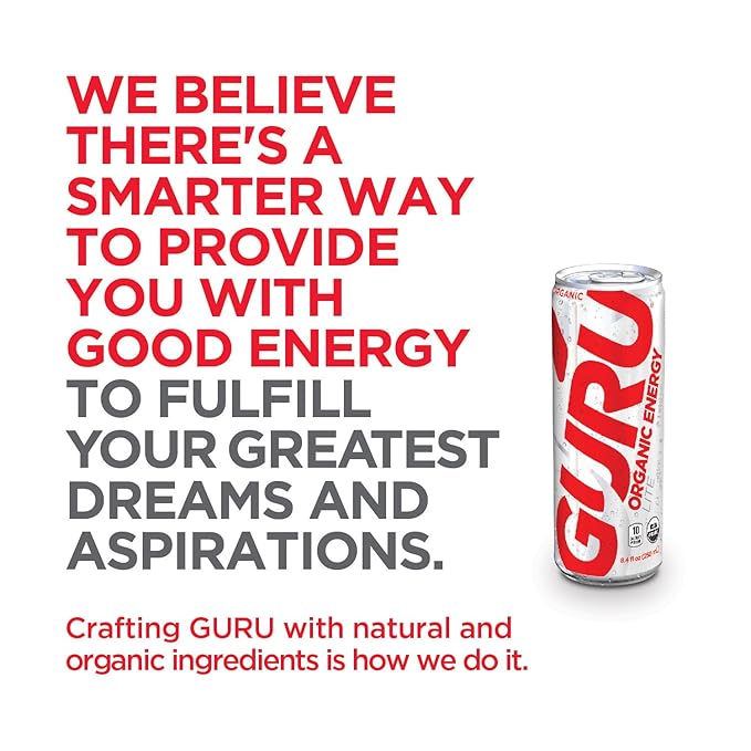 GURU Lite Organic Energy Drinks, Clean Energy Drink with Plant Based Natural Caffeine from Green Tea, Low Calorie, Gluten Free and Vegan, 100MG Caffeine, Healthy Drinks, 8.4oz (Pack of 24) - Bloomnest