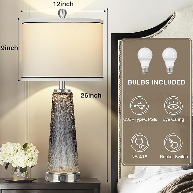 Glass Table Lamp Set of 2, 26" Modern Table Lamps with USB A+C Ports & AC Outlet, Touch Control Bedside Nightstand Lamp with LED Night Light for Living Room Bedroom Home Decor Black(4 Bulbs Included) - Bloomnest