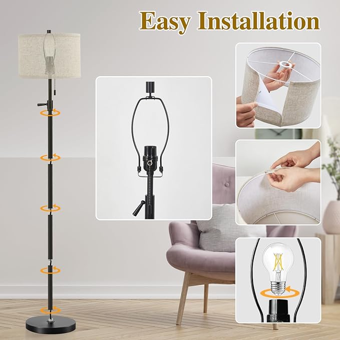 GyroVu Black Floor Lamp, Height Adjustable Standing Lamp Tall Lamp with Fabric Lampshade&Pull Chain Corner Floor Lamps for Living Room, Bedroom & Office Bulbs Not Included(Black Base) - Bloomnest