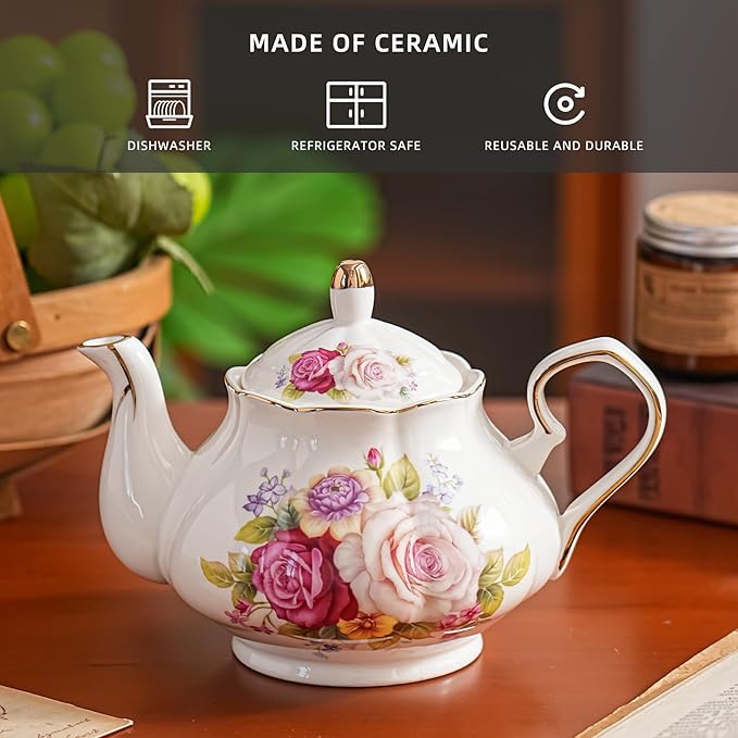 Flower Ceramic Teapot,22oz Porcelain Tea pot for Tea Coffee Milk for Office Home Men Women as Gift (Rose)