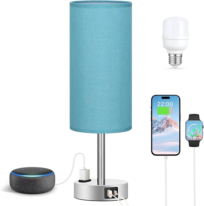 Fenmzee Turquoise Nightstand Table Lamp for Bedroom - 3 Way Dimmable Touch Lamp USB A and C Charging Ports and AC Outlet, Small Lamp for Office Desk with Metal Base, LED Bulb Included - Bloomnest