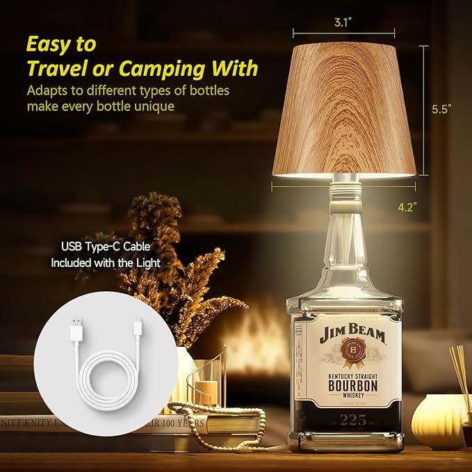 2025 New Bottle Lamp - LED Bottle Lights for Liquor & Wine Bottles, Cordless Lampshade, Whiskey Bottle Top Light, Bottle Stopper Night Light Kit, Rechargeable 3-Tone Touch-Dimmable - Bloomnest