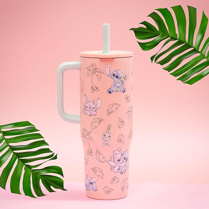 Zak Designs Disney Sutton Travel Tumbler for On the Go, 30oz Stainless Steel with Vacuum Insulation, Silicone Straw, and Carry Handle for Cold Drinks (Stitch, Angel) - Bloomnest