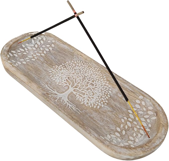 VANIYA CRAFTS® Wooden Handmade Tree of Life Design Boat Shape Incense Holder Stand Insence Tray for Sticks Home Decor Restaurant (11X4,Antique White) - Bloomnest