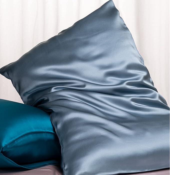 100% Mulberry Silk Pillowcase for Hair and Skin Made in USA, Real 22 Momme Silk Pillow Cases Queen, Not Satin Pillowcase, Anti Acne,Zipper Closure, 1 Pc 20"x30" (Queen, Blue Grey) - Bloomnest