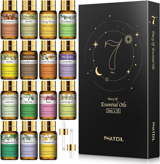 PHATOIL 15PCS Essential Oils Gift Set - Premium Quality 100% Natural Pure Essential Oils for Aromatherapy Diffuser Yoga Home Office Soap Candle Making- 5ml/Bottle - Bloomnest