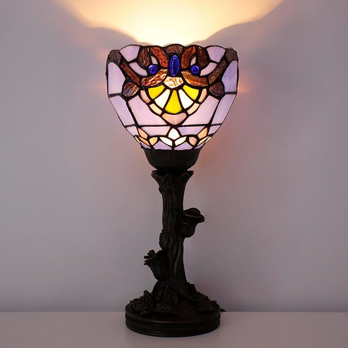 Small Tiffany Lamp Stained Glass Table Lamp Desk Uplight 6X6X13.5 Inch for Bedroom Bedside Office (Blue Baroque) - Bloomnest