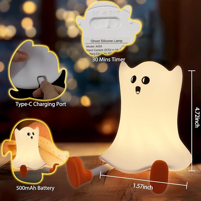 Ghost Night Light Silicone Cute Halloween Ghost Decor Night Light for Breastfeeding Squishy Ghost Nightlight Cordless Rechargeable Dimmable Touch Fun Bedside Light Lamp for Halloween Gifts - Bloomnest
