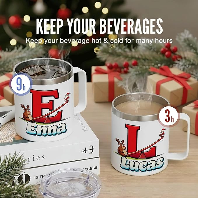JugJug Personalized Christmas Mug with Initial & Name - Funny Seesaw Santa 12oz Insulated Coffee Cup w/Lid - Cute Xmas Gifts for Kids, Girls (B174) - Bloomnest