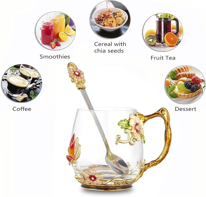 Flower Tea Cup,Clear Glass Fancy Coffee Mug with Spoon,Gift Box for Her Mom Wife Grandma Girls Friends Valentines Christmas Birthday Present Idea for Juice Milk Hot And Cold Drinks Use - Bloomnest