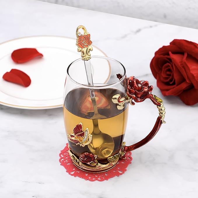 Glass Coffee Mugs Flower Butterfly Tea Cup with Spoon and Box, Personalized Gifts for Mothers Day Gift, Women, Wife and Girlfriends (11oz) - Bloomnest