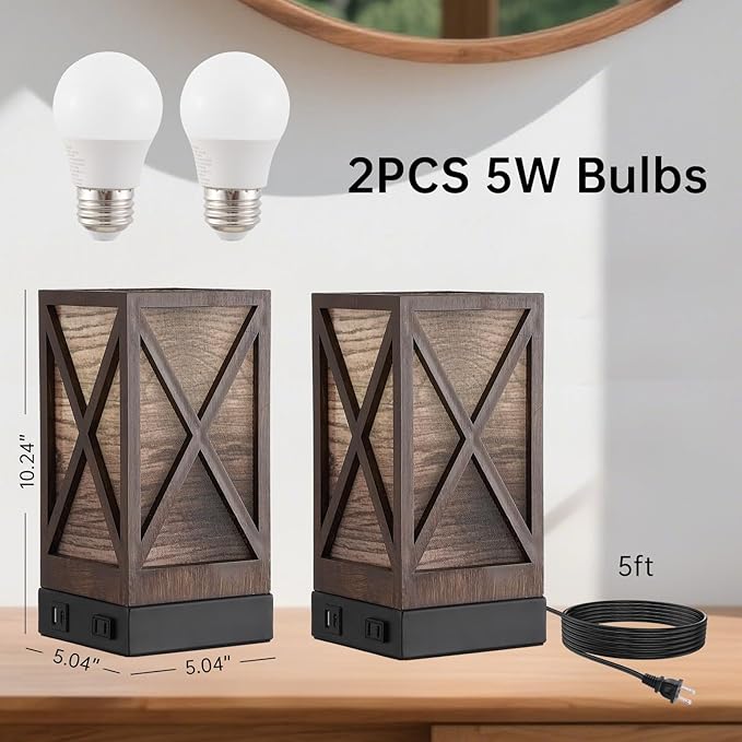 Table Lamp, Set of 2 Rustic Farmhouse Nightstand Lamps, 3 Color Temperatures Desk Lamp with USB Charging Ports AC Outlet Vintage Lamp for Living Room Bed Room, Brown Tiger Pattern - Bloomnest