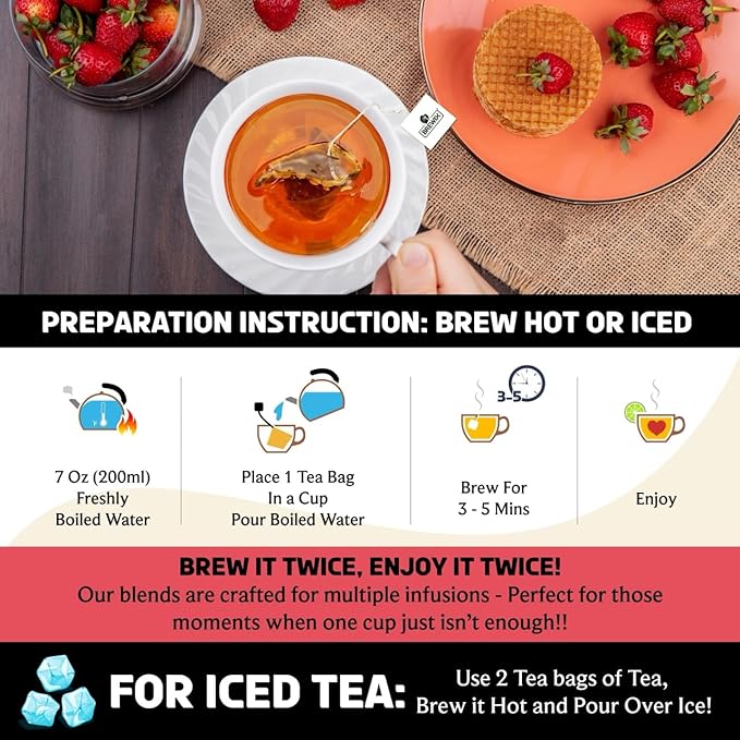 BREWIX, Strawberry Mint Tea Bags (25 Plant Based Tea Bags), Made with - Black Tea, Hibiscus, Spearmint, Fennel, Strawberry | Caffeinated & Sugar-Free - Bloomnest