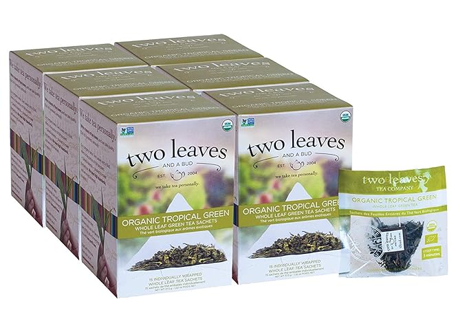 Two Leaves and a Bud Organic Tropical Green Tea Bags, Whole Leaf Green Tea in Sachets, 15 Count (Pack of 6) - Bloomnest