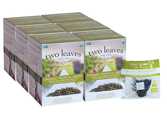 Two Leaves and a Bud Organic Tropical Green Tea Bags, Whole Leaf Green Tea in Sachets, 15 Count (Pack of 6) - Bloomnest