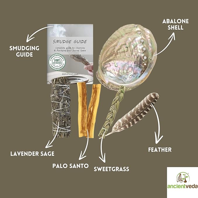Ancient VEDA Organic Smudge Kit – Lavender, Palo Santo, Sweetgrass, Abalone Shell, Feather & Smudge Guide | Home Smudging Kit for Energy Cleansing, Meditation, Healing (Healer's Kit, Lavender Sage) AncientVeda