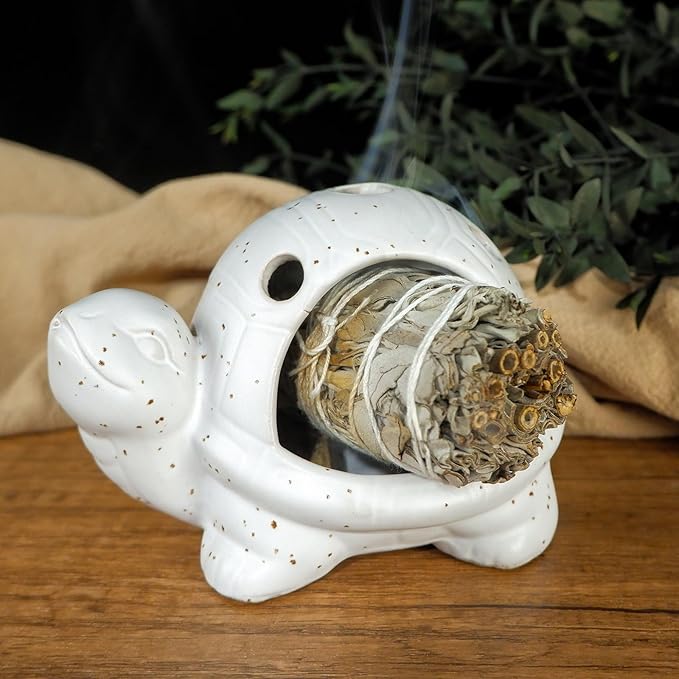Handcrafted White Ceramic Turtle Palo Santo Holder, Sage, Cone Incense and Copal Burner Holder | Ideal for Meditation, Yoga, Aromatherapy & Altar Spaces | Zen-Inspired Home Decor Gift MOUGIGI