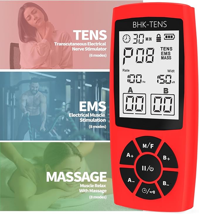 Rechargeable TENS Unit Machine for Pain Relief Therapy, Electronic EMS Muscle Stimulator for Shoulder Pain Relief, TENS&EMS Stimulator for Back Pain, Shoulder Neck Pain Relief, Sciatica Pain, red BHKTENS