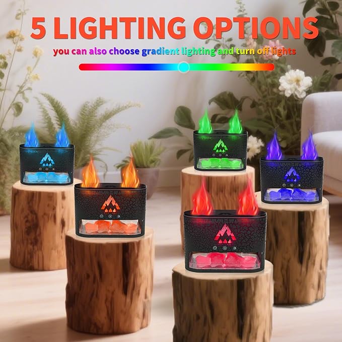 BOHOFAM Essential Oil Diffuser with Himalayan Salt lamp,Double Flame/Jellyfish 2 Mode Aroma Diffuser/Humidifier, Colorful Lights,4 * 10ML Hotel Collection Diffuser Oils Scents,for Home Bedroom(Black)