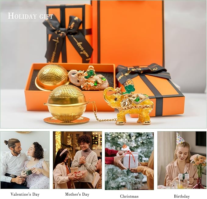 Stainless Steel Metal Tea Ball, 1.37-inch Tea Strainer, Crystal Diamond Elephant Tea Infuser for Loose Leaf Tea Festival Gifting and Personal Use, Gift Box Packaging（Gold）