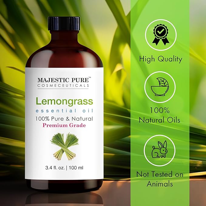 Majestic Pure Lemongrass Essential Oil with Glass Dropper - 3.4 Fl Oz - 100% Pure and Natural Lemongrass Oil - Premium Grade Essential Oils for Diffuser, Aromatherapy, Soap and Candle Making - Bloomnest