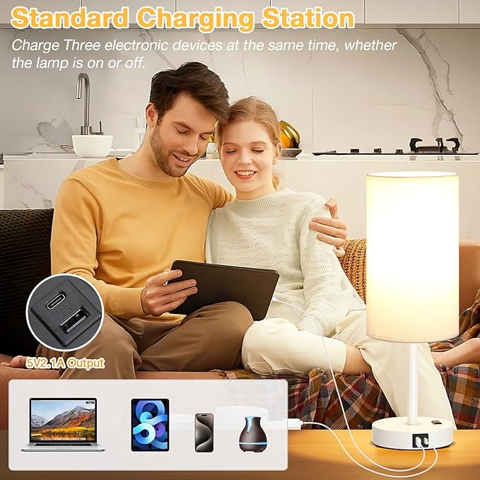 Dicoool Touch Bedside Table Lamp with USB - 3 Way Dimmable White Lamp for Bedroom Nightstand, Desk Lamp with Charging Station for Dorm, Office, Kids Room, Living Room - Bloomnest