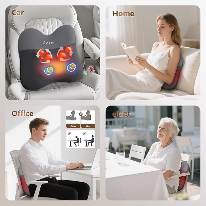 belhope Shiatsu Back Massager with Heat,Percussion Massage Cordless Back Massage for Pain Relief Deep Tissue.4D Kneading Massage,Gift for Men Women Parents Relaxation at Christmas Office Car,Grey
