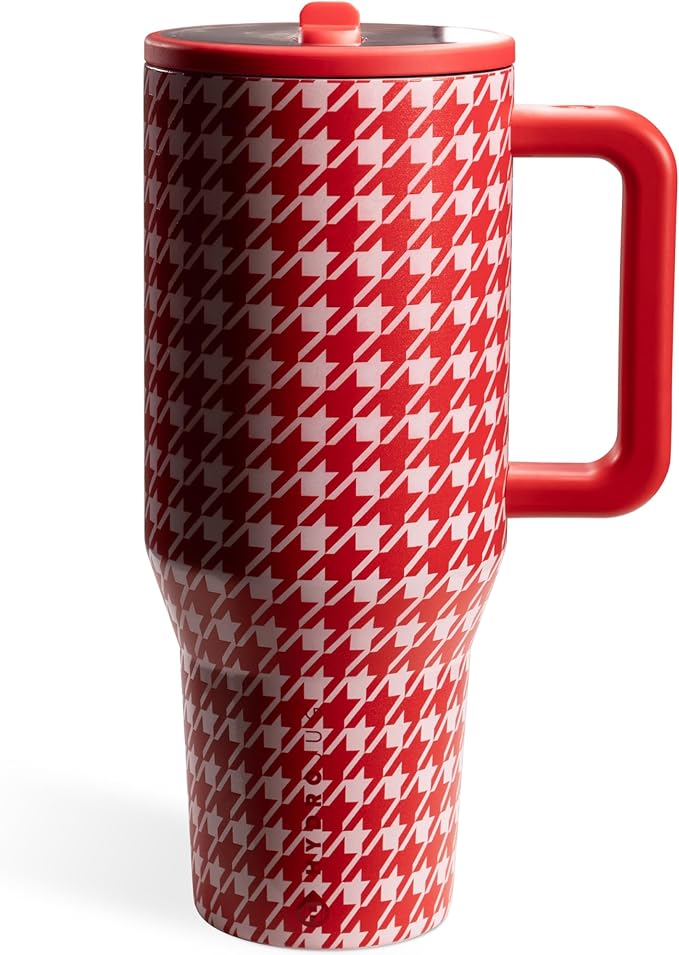 HydroJug Traveler - 40 oz Water Bottle with Handle & Flip Straw - Fits in Cup Holder, Leak Resistant Tumbler-Reusable Insulated Stainless Steel & Rubber Base - Gifts for Women & Men, Halle Houndstooth Hydrojug