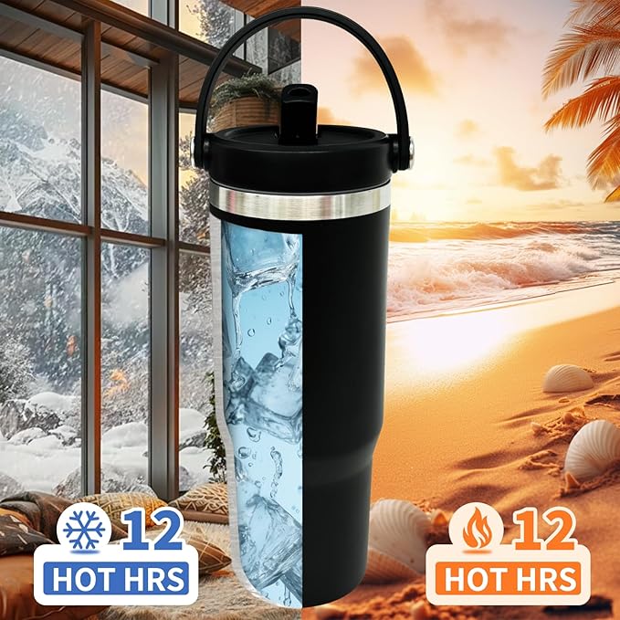 30 oz Tumbler Bulk with Top Handle, Double Wall Vacuum Insulated Tumbler with Flip Straw, Travel Coffee Mug 30oz Powder Coated Cup for Laser Engraving (Black,4 pack) - Bloomnest