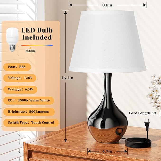Seealle Touch Table Lamp for Bedroom, 3-Way Dimmable Small Bedside Lamps for Night Stands with Wires, Pearl-Black Desk Lamp for Kids Room, Office, Living Room, End Table(LED Bulb Included) - Bloomnest