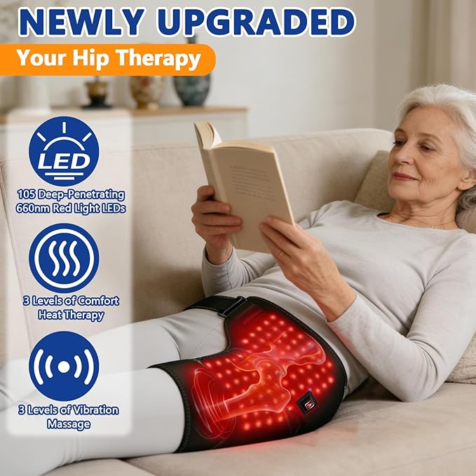 Red Light Therapy for Hip, 105 Lamp Beads USB Powered Hip Brace with 3 Heat Levels, Foldable Heating Pad for Legs, Thighs & Buttock, Unisex Wearable Red Light Hip Therapy Device Bloomnest