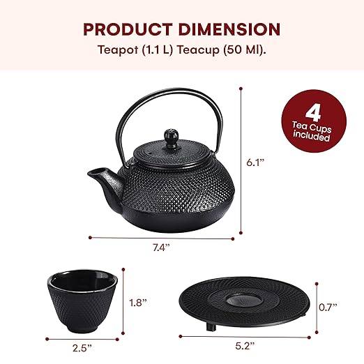 Kitchtic Japanese Coated Cast Iron Teapot Set of 4 - Kettle with Stainless Steel Infuser - Durable Heat Retention Tea Infusers - Japanese Style Kettles Teapots Tea for Home - for Green Tea, Loose Leaf - Bloomnest