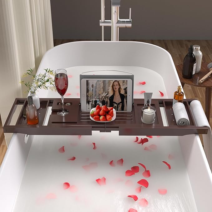 Bathtub Caddy Tray for Tub,Foldable Bath Table Trays,Bamboo Shelf with Book and Wine Glass Holder,Bathroom Accessories Suitable for Luxury Spa or Reading,Brown - Bloomnest
