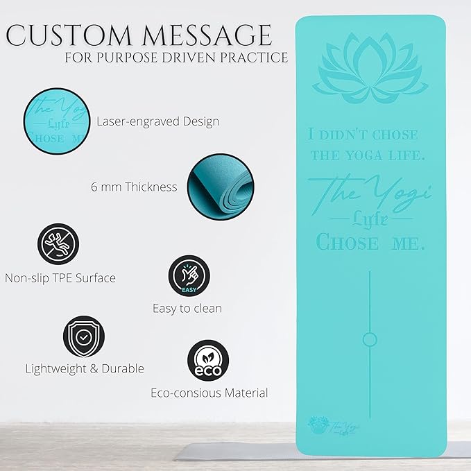 Yoga Mat – Laser-Engraved Affirmation, Non-Slip Eco TPE, 72" x 24" x 6mm, Lightweight Blue Mat for Mindful Movement and Recovery - Bloomnest