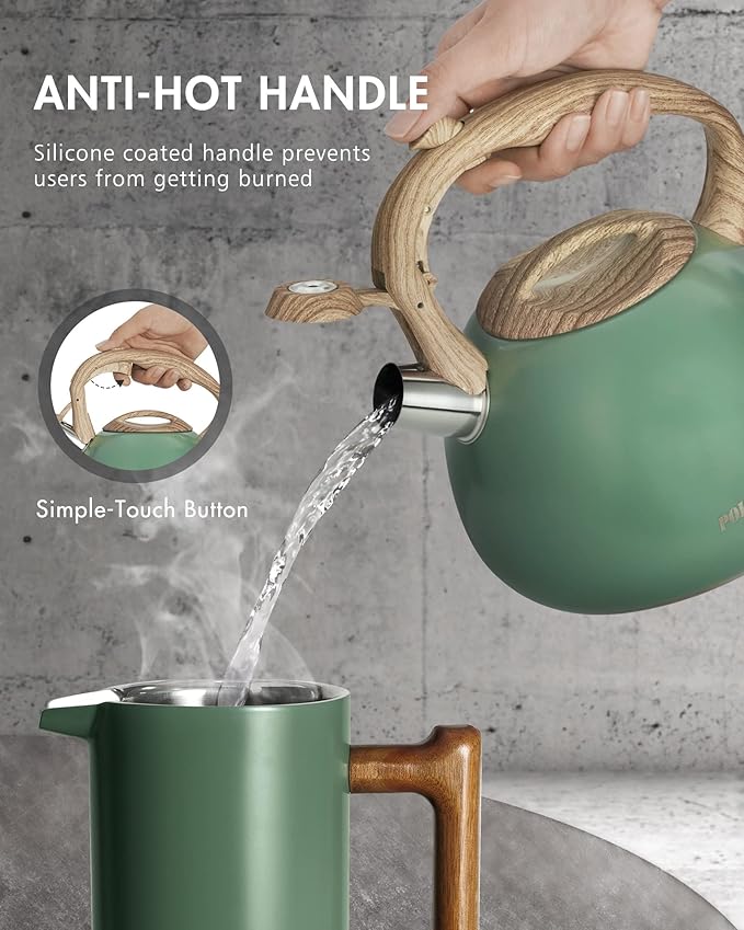 Poliviar Tea Kettle, 2.7 Quart Seaweed Green Finish with Wood Pattern Handle Loud Whistle Food Grade Stainless Steel Teapot, Anti-Hot Handle and Anti-Rust, Suitable for All Heat Sources (JX2020-SB30) - Bloomnest